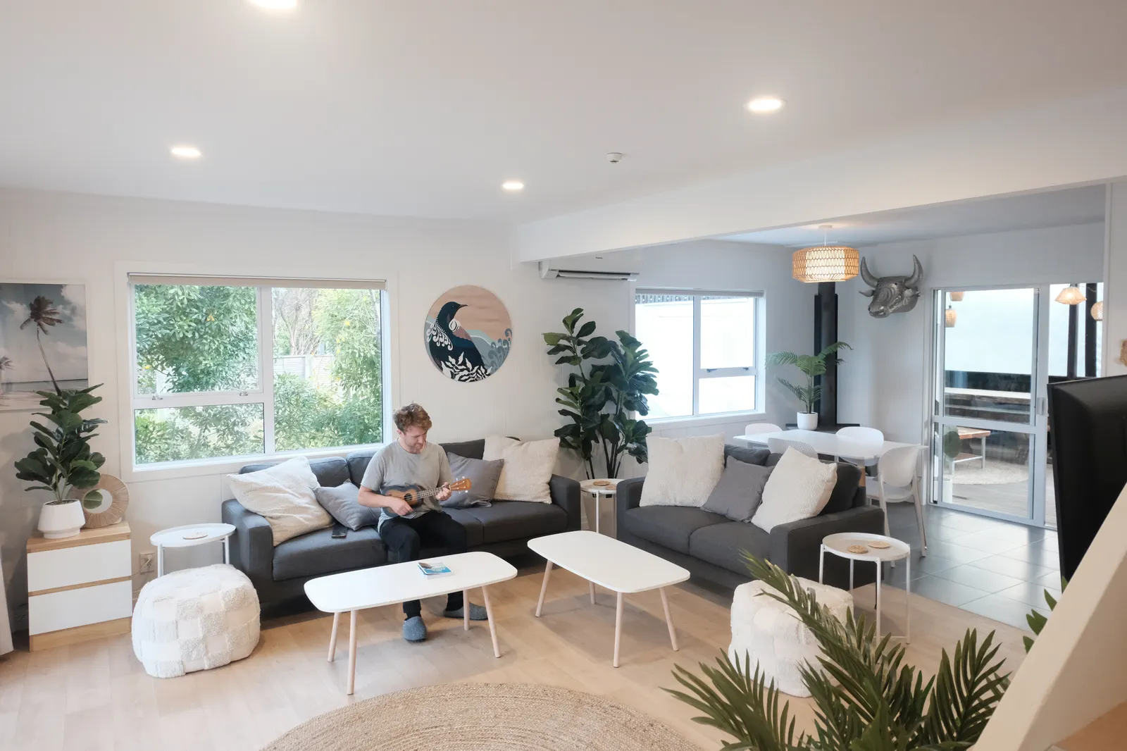 Big bright living room at Mangawhai Surf Lodge