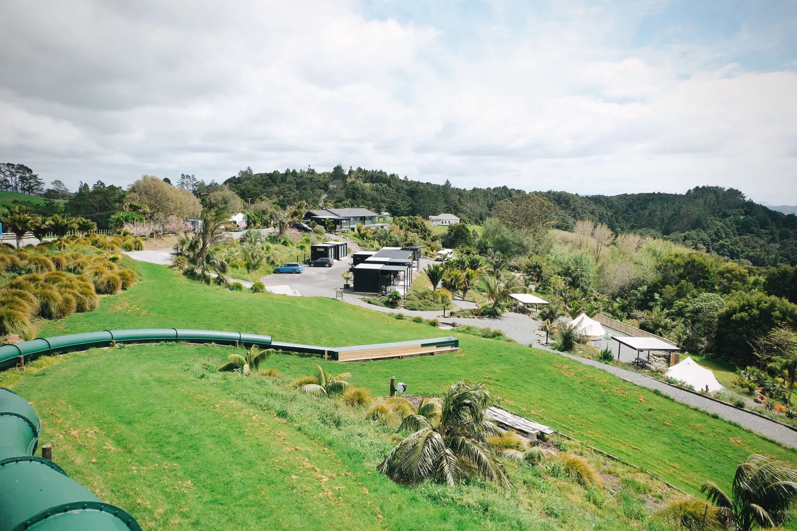 Te Arai Eco Pods property view over the hills
