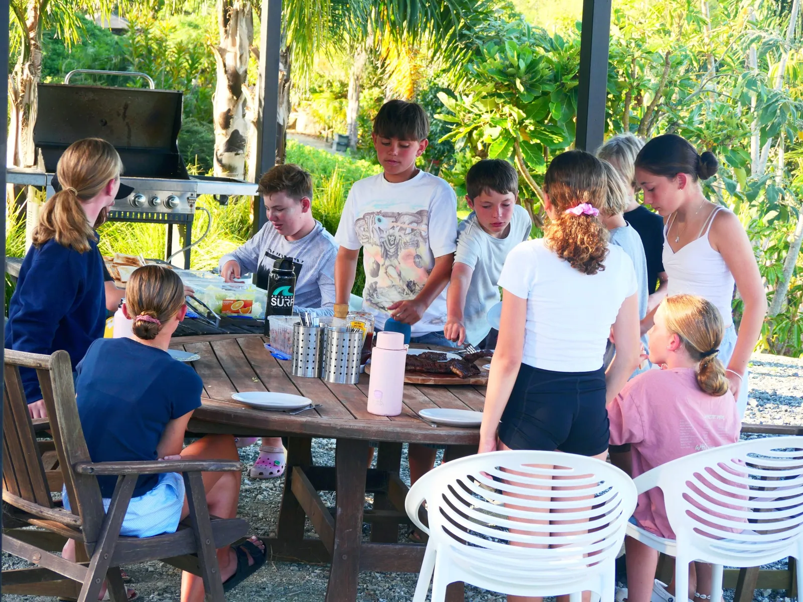 Camp meal together at the outdoor tables